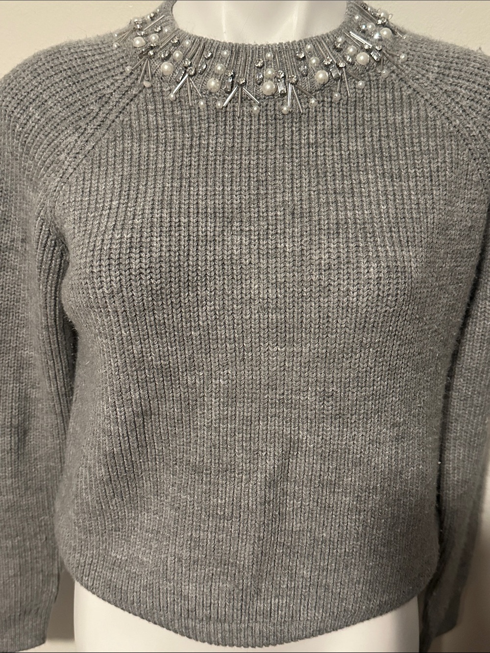 Forever 21 Grey Jewel-Embellished Crewneck Sweater